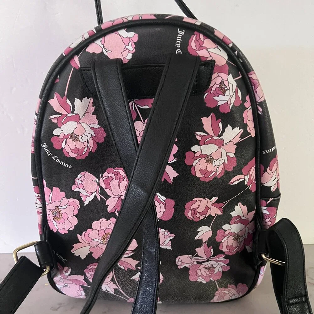 Juicy Couture Floral Mini Backpack Black Pink‎ Peony Gold Logo Faux Leather Bag